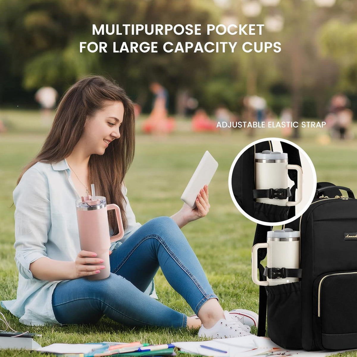 Damen Rucksack 15,6 Zoll Laptop Tasche mit Flaschenfach, Schwarz