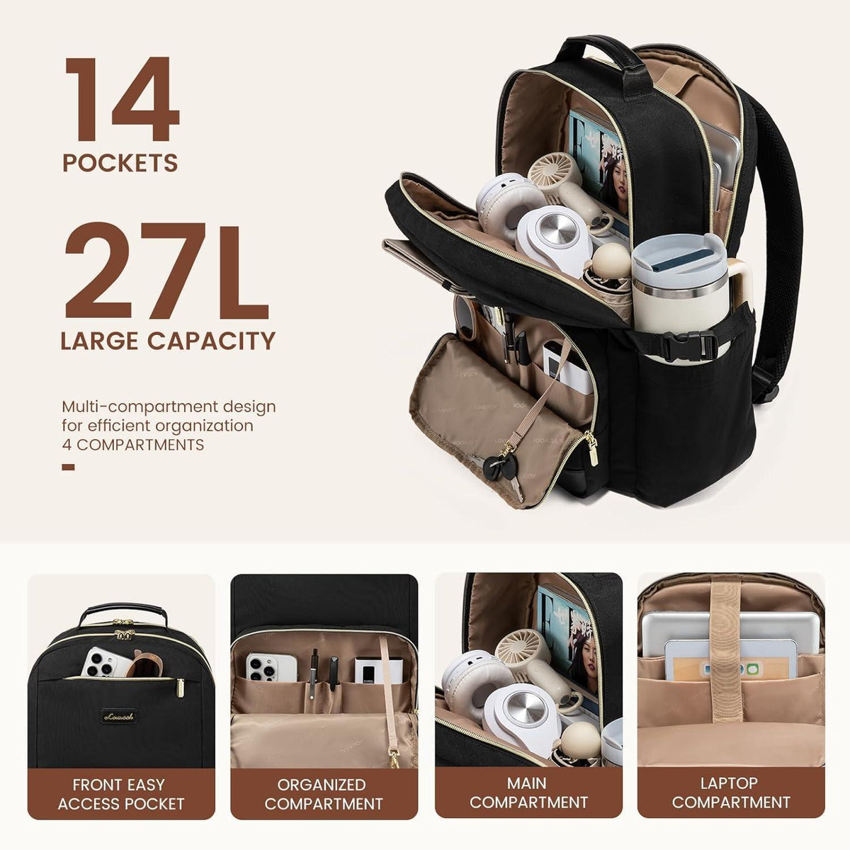 Damen Rucksack 15,6 Zoll Laptop Tasche mit Flaschenfach, Schwarz
