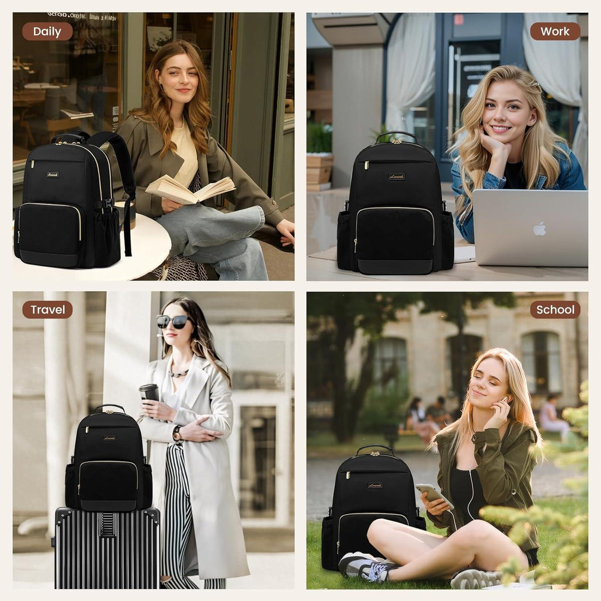 Damen Rucksack 15,6 Zoll Laptop Tasche mit Flaschenfach, Schwarz