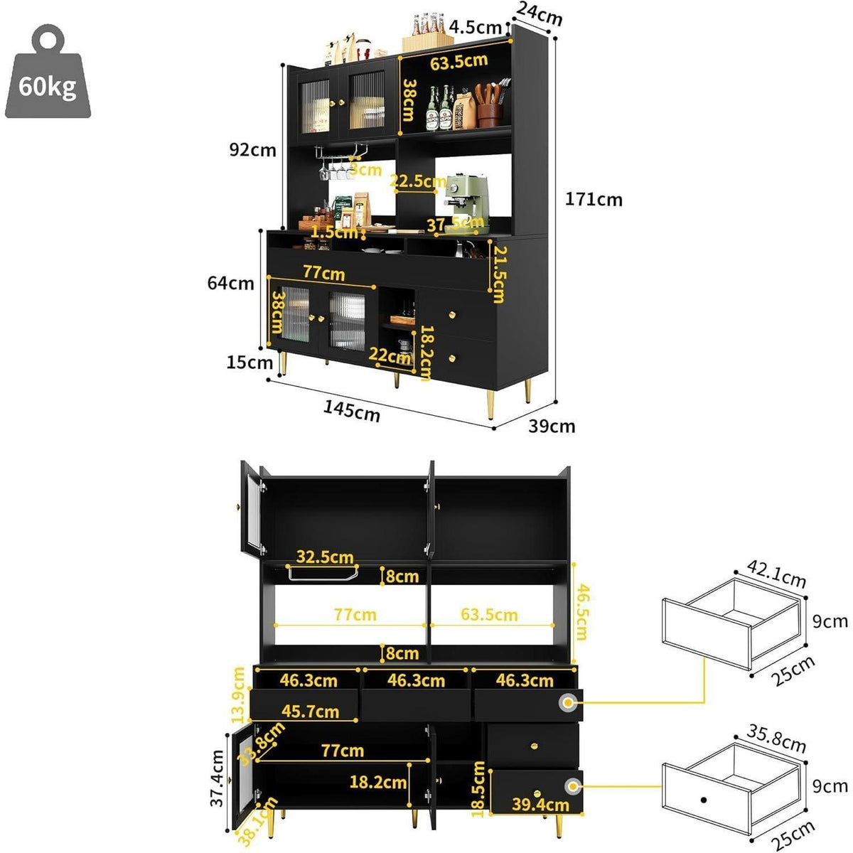 Restaurant Hochschrank mit Glastür & Weinregal (145x39x171cm)