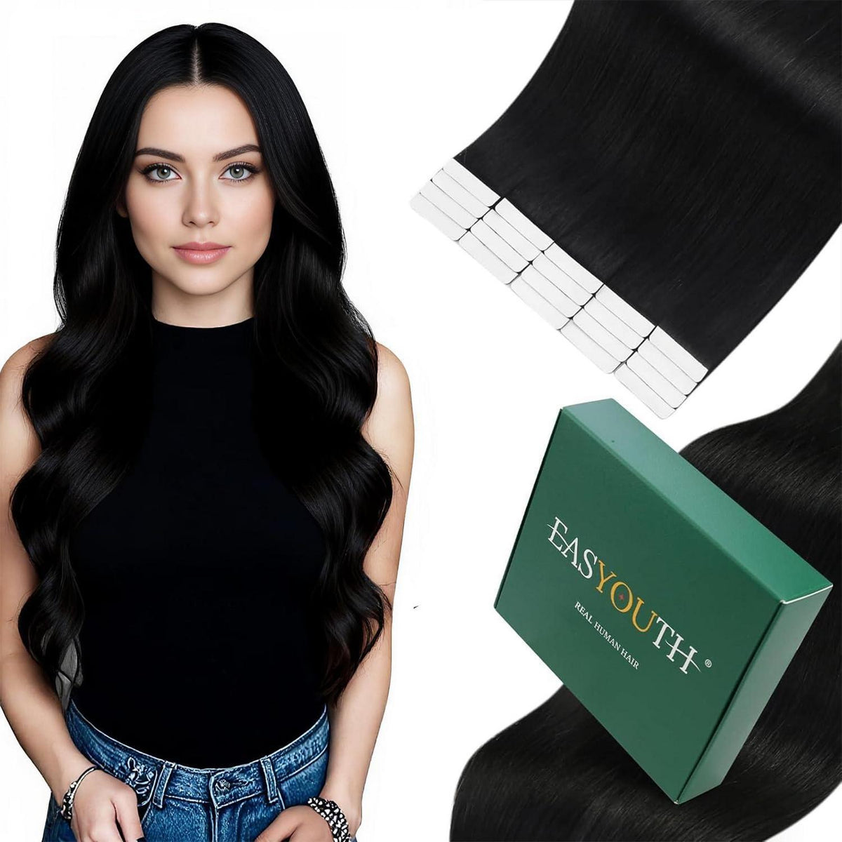 Echthaar Tape-in Extensions Schwarz 50cm - Glatt & Wiederverwendbar
