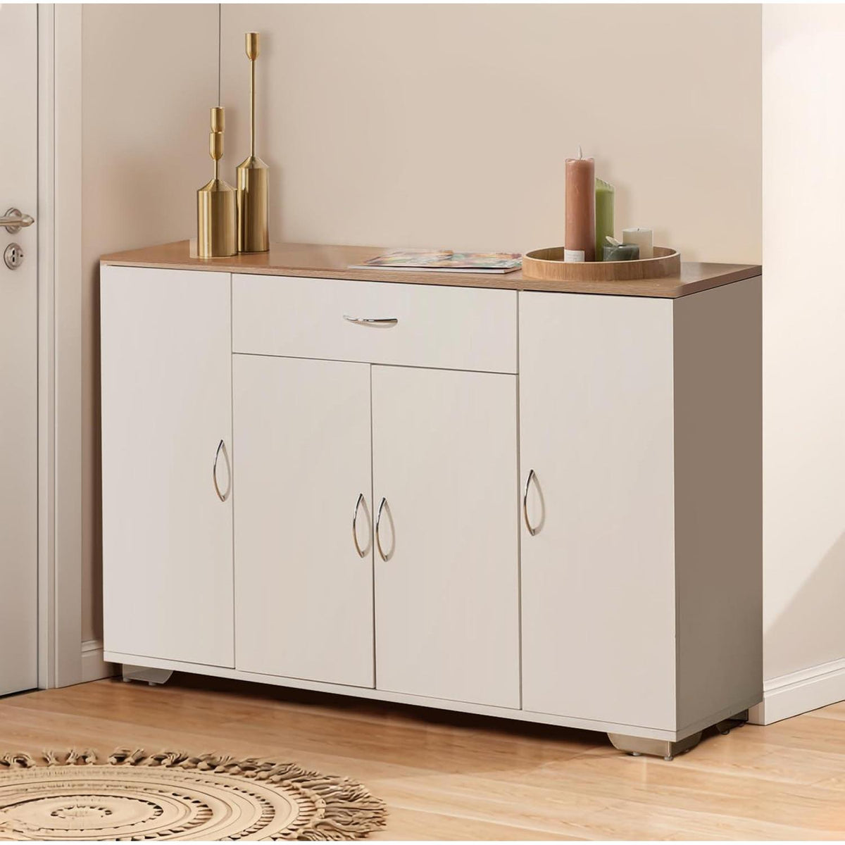 Multifunktionales Sideboard mit verstellbaren Regalen (Natur + Weiß)