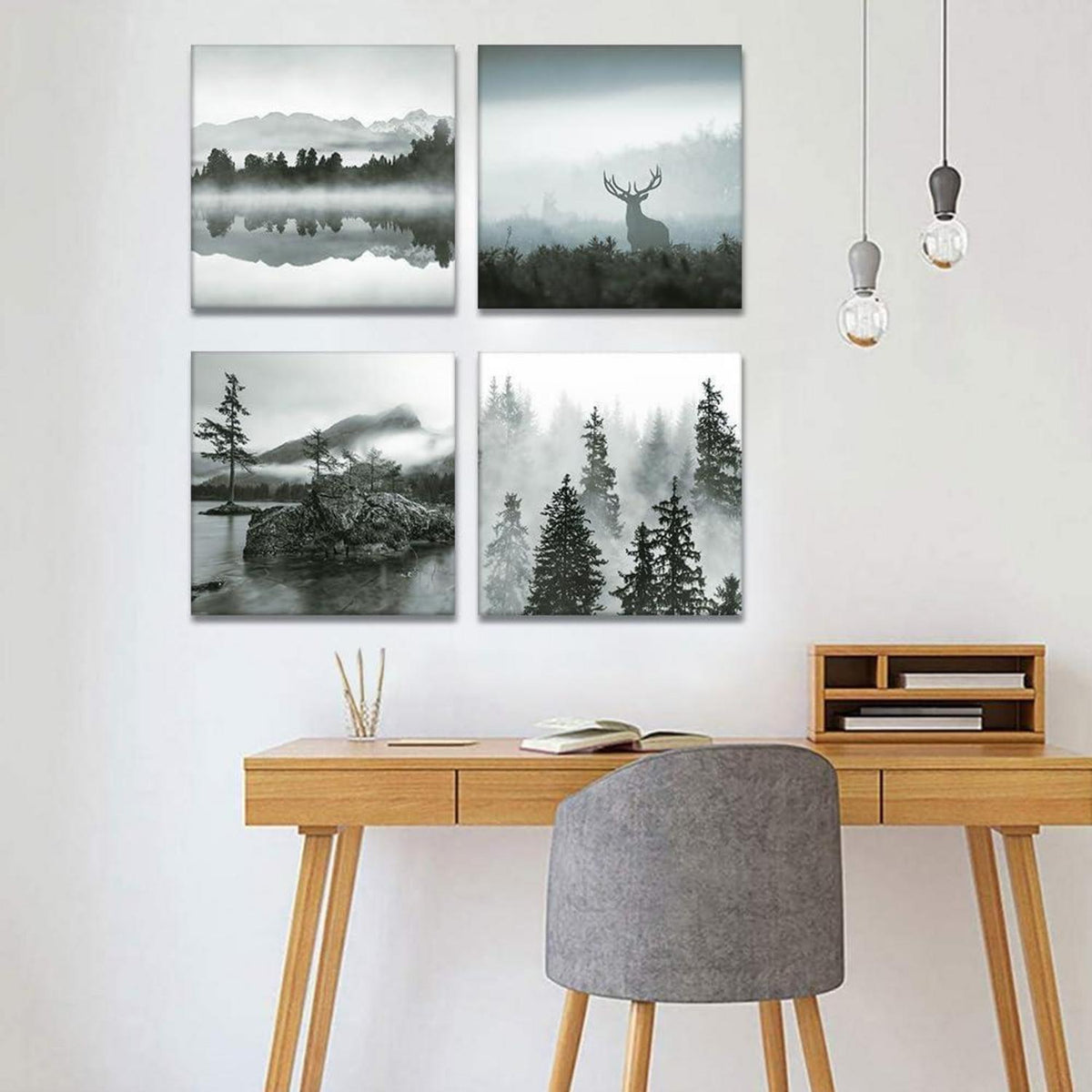 4-teilig Leinwandbild Wald & Nebel - Moderne Wanddekoration 30x30 cm