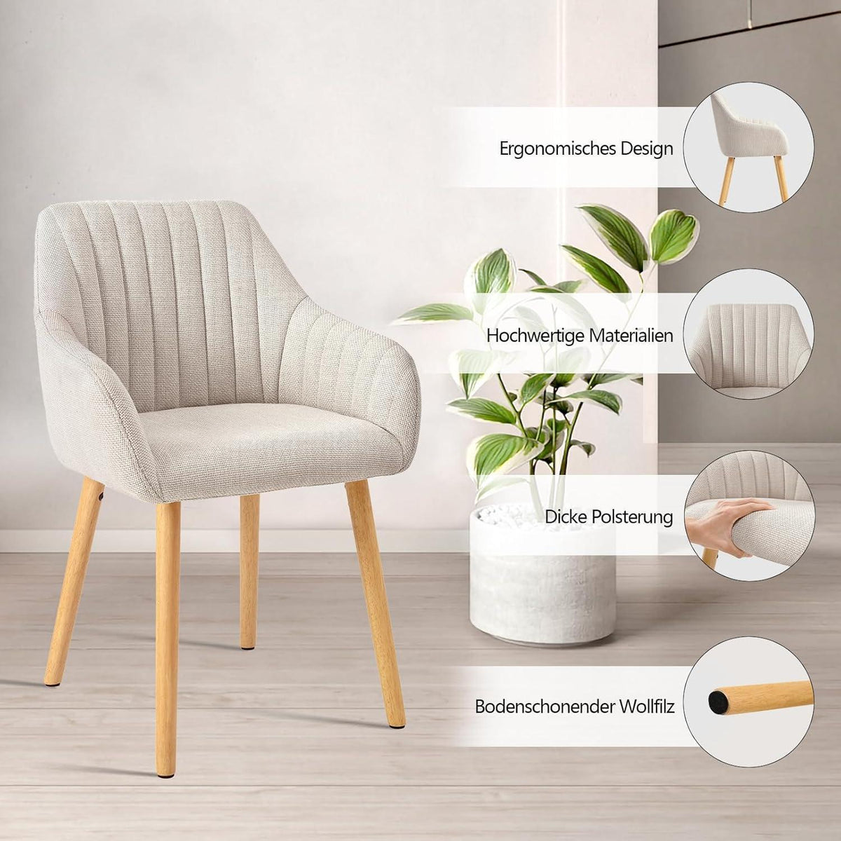Esszimmerstuhl Set 4er Beige mit Armlehnen & Holzbeinen