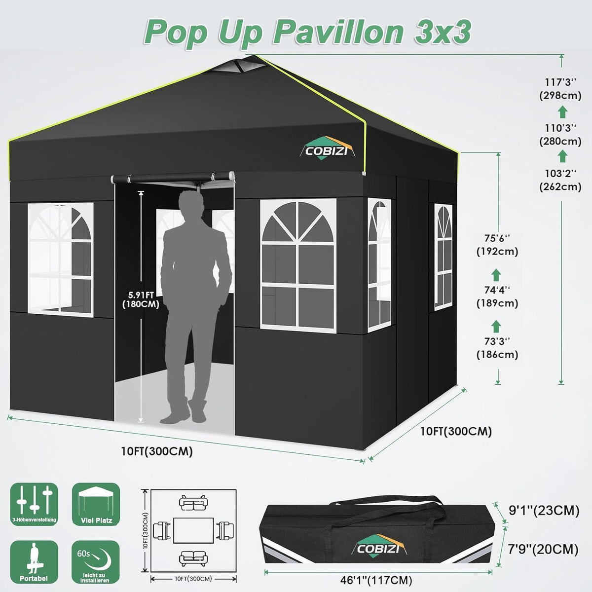 Faltpavillon 3x3 wasserdicht mit Seitenwänden & UV-Schutz