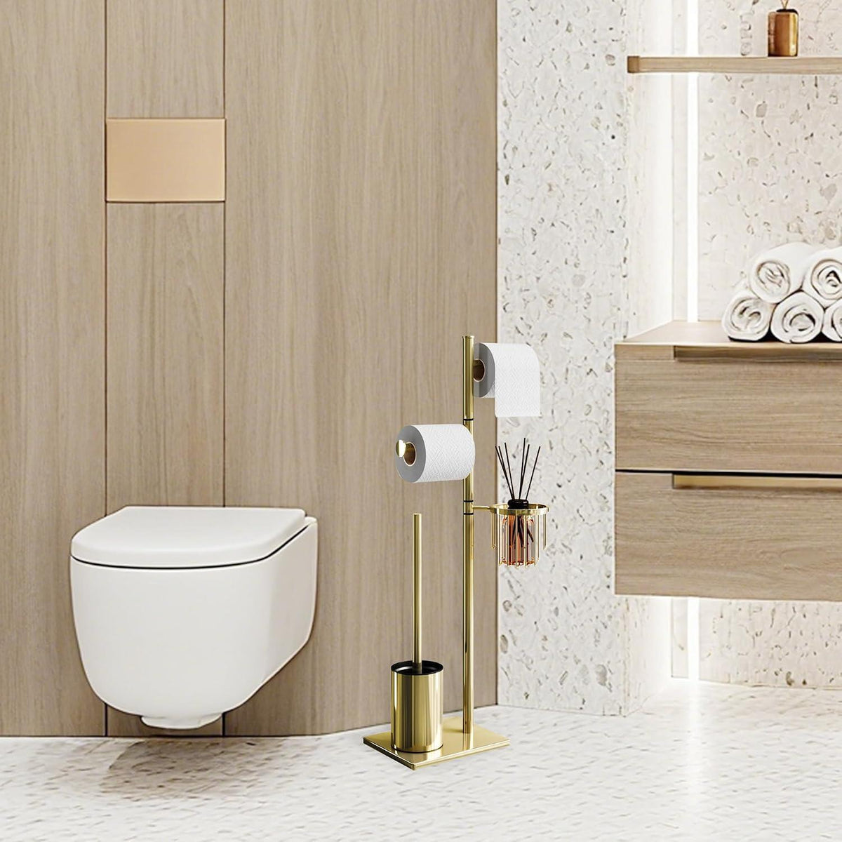 Stehender Toilettenpapierhalter mit Bürste in Gold