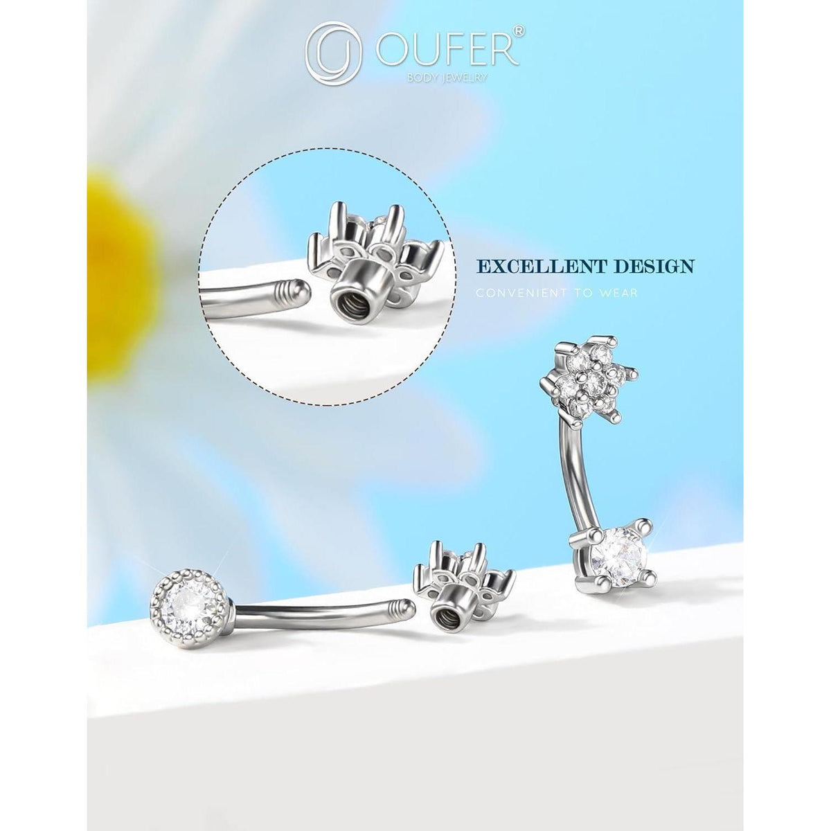 Blume Curved Barbell 16G 8mm Knorpelpiercing mit klarem CZ