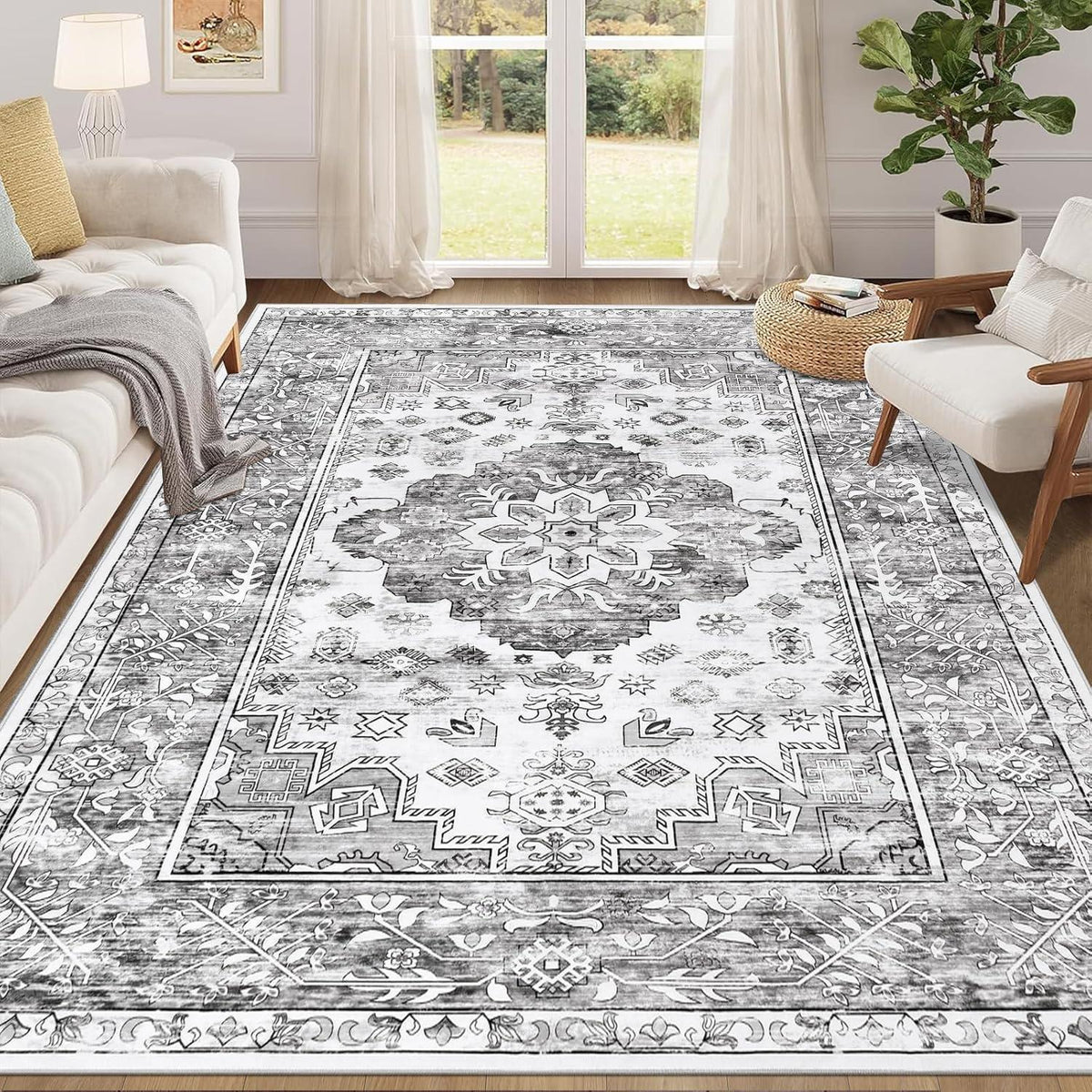 Boho Teppich 160x230cm Grau, rutschfest & waschbar