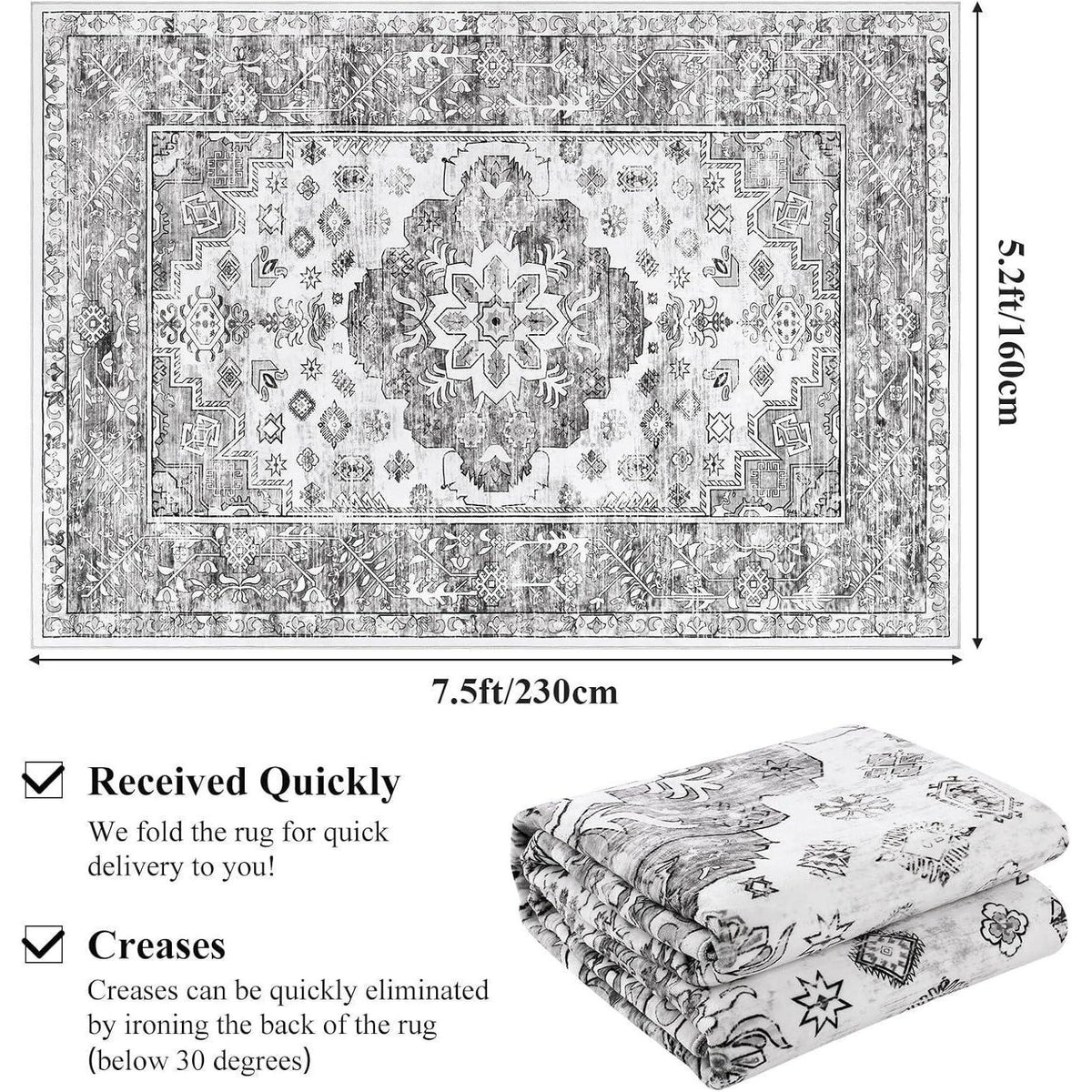 Boho Teppich 160x230cm Grau, rutschfest & waschbar