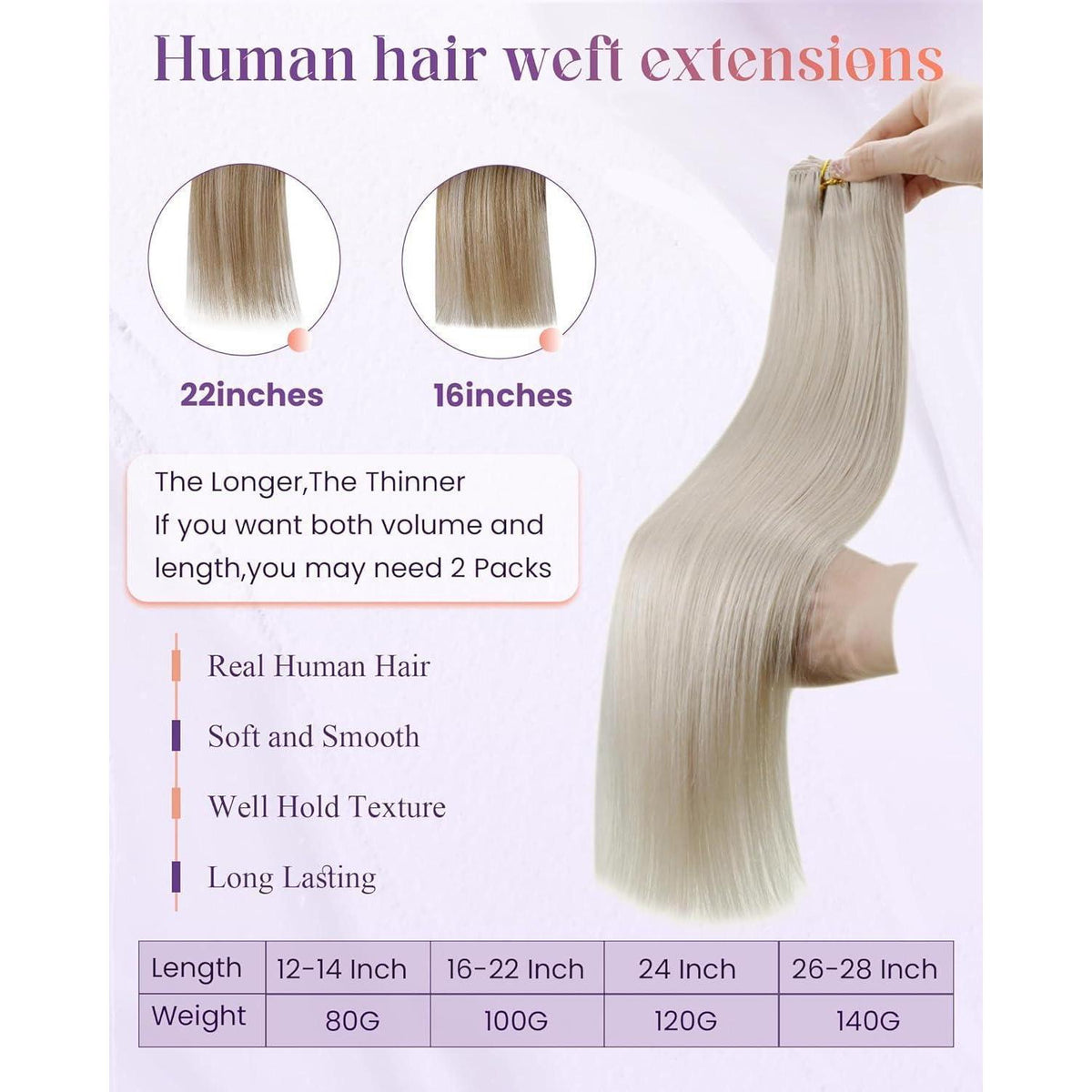 Echthaar Tressen Weißblond 60cm - Remy Haartressen zum Einnähen