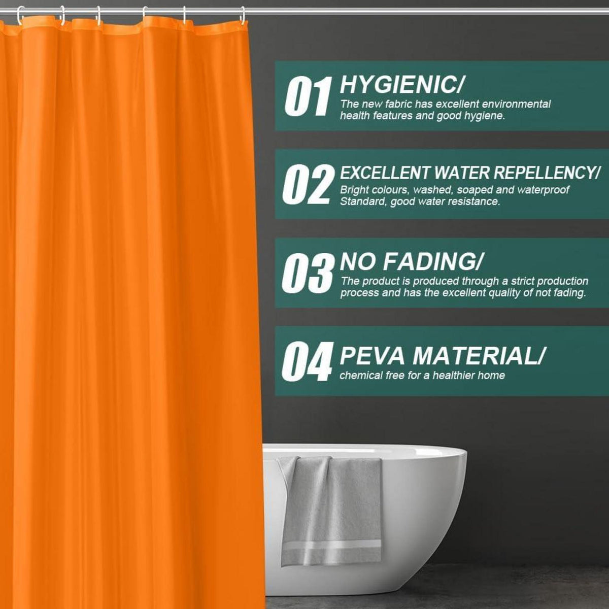 URAQT Duschvorhang Anti-Schimmel Wasserdicht PEVA 180x180 cm 12 Duschvorhangringe Orangefarben