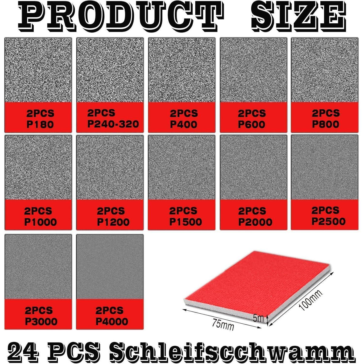Schleifschwamm Set 24 Stück, P180-P4000, Nass & Trocken, für Holz, Metall, Farbe