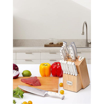 Messerblock Set 14-teilig mit Selbstschärfer, Edelstahl, Holzblock Weiß