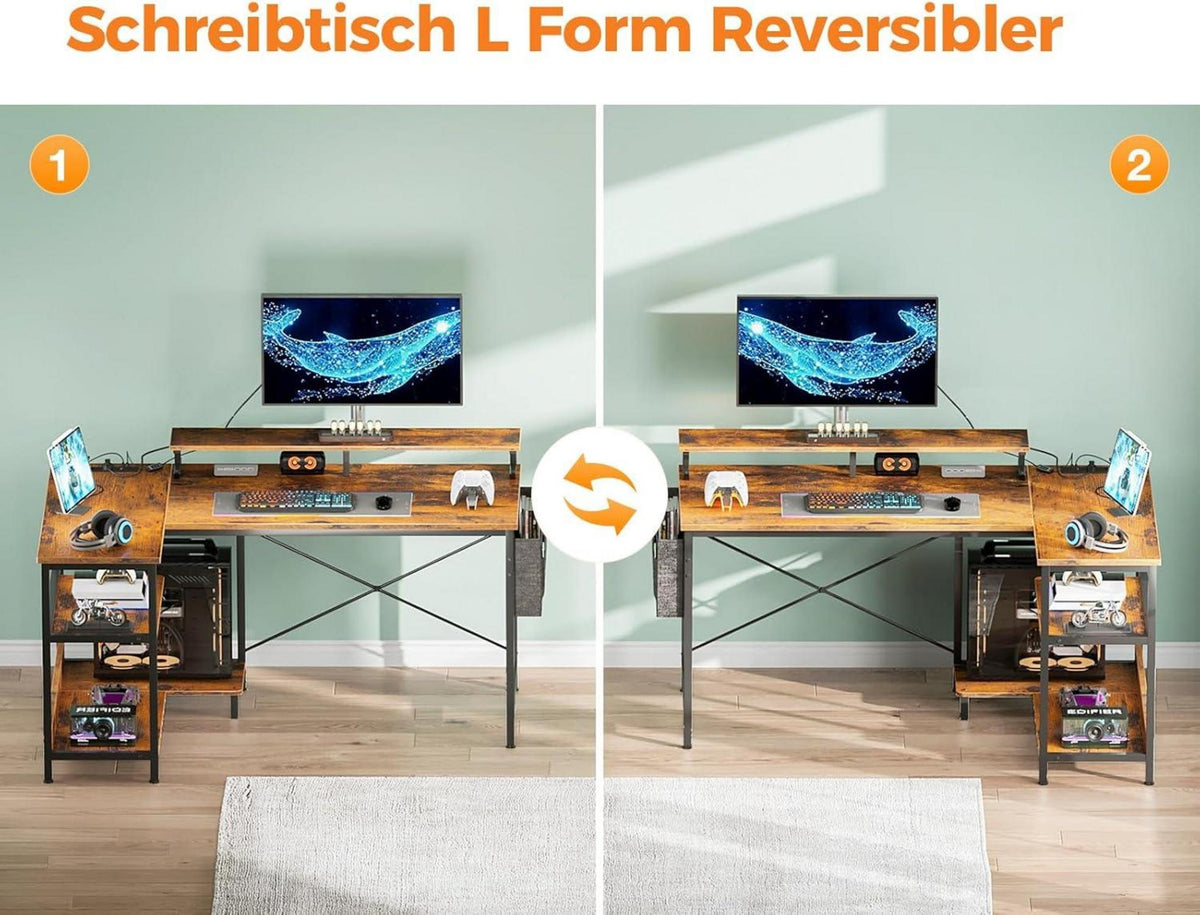 Gaming Schreibtisch LED Steckdosen 120x80cm Eckschreibtisch Regal L-Form Braun