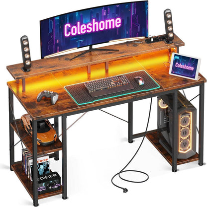 Gaming Schreibtisch LED Monitorständer Stauraum USB-Co, Braun 120x50cm