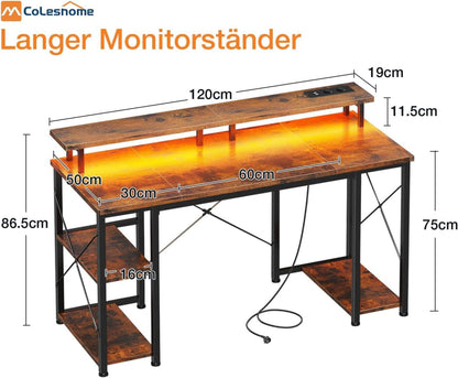 Gaming Schreibtisch LED Monitorständer Stauraum USB-Co, Braun 120x50cm