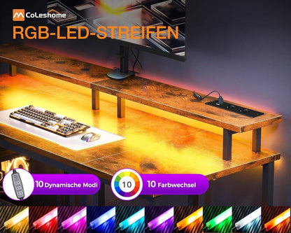 Gaming Schreibtisch LED 2 Steckdosen 2 USB Braun 120x50cm