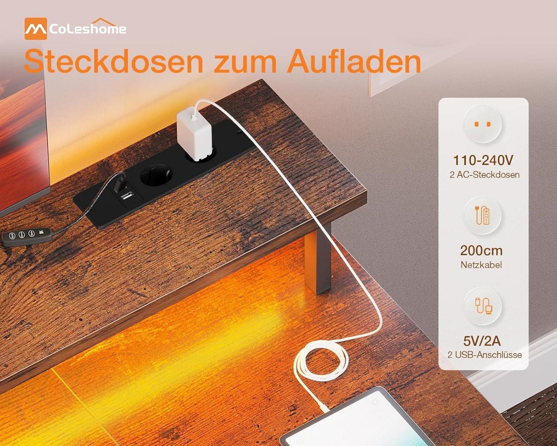 Gaming Tisch LED 2 Steckdosen 2 USB Monitorständer Stauraum 120x50cm Braun