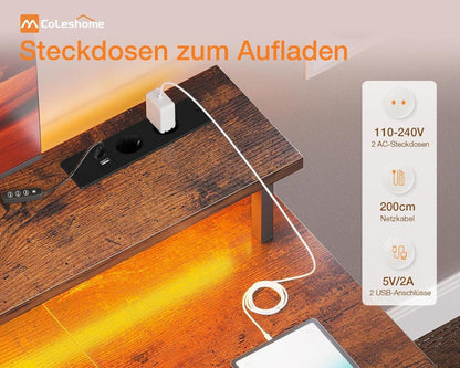Gaming Tisch LED 2 Steckdosen 2 USB Monitorständer Stauraum 120x50cm Braun