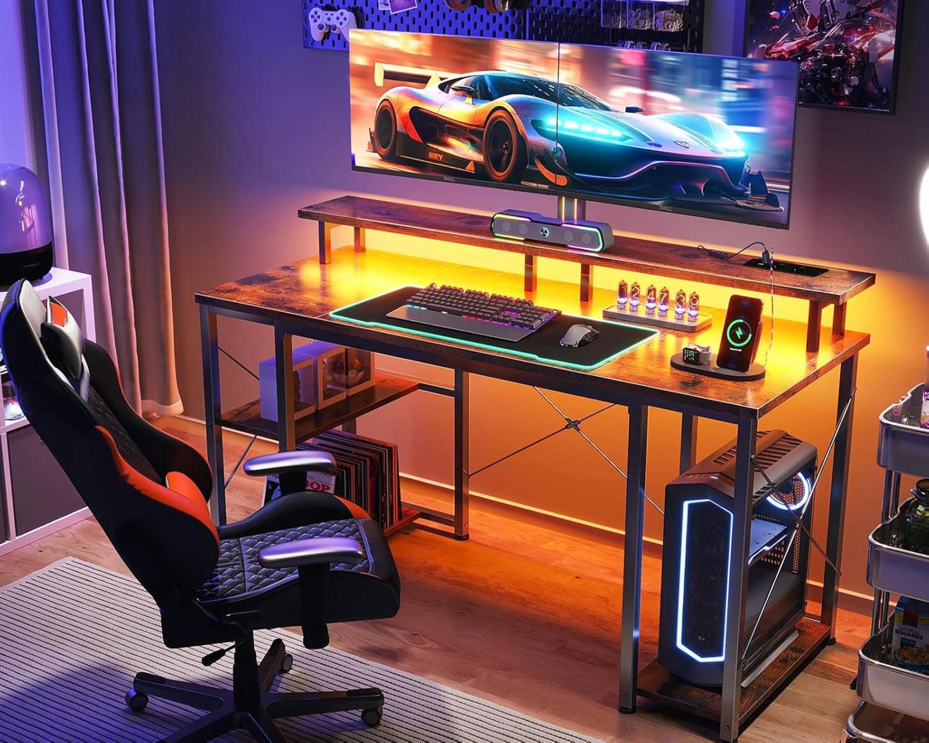 Gaming Tisch LED-Beleuchtung 2 Steckdosen USB-Anschlüssen Braun