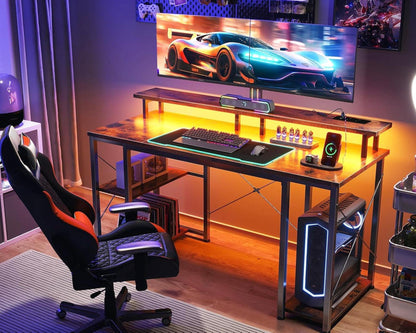 Gaming Tisch LED-Beleuchtung 2 Steckdosen USB-Anschlüssen Braun