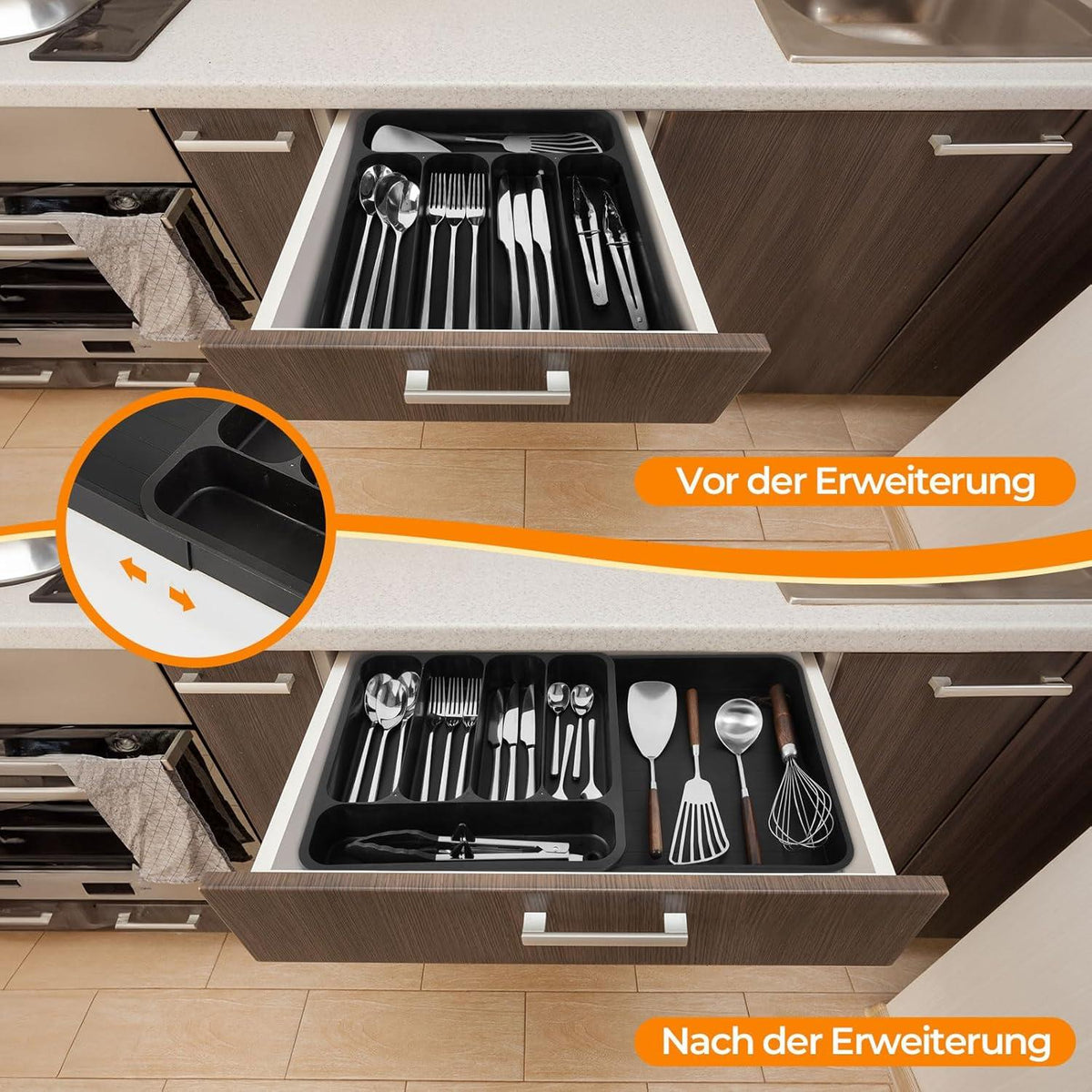 Verstellbarer Besteckkasten für Schubladen Küche Organizer Schwarz