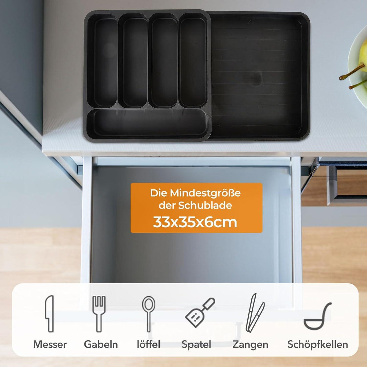 Besteckkasten Schubladeneinsatz Verstellbar Schwarz 32-53x34x5.5cm