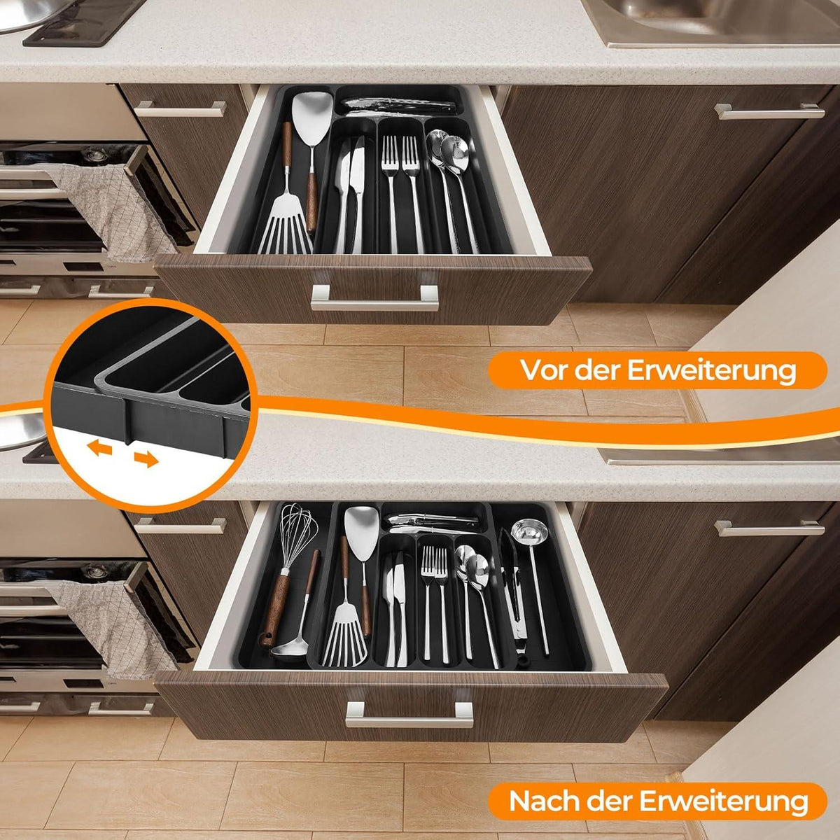 Verstellbarer Besteckkasten für Schubladen - Besteck Organizer - Schwarz