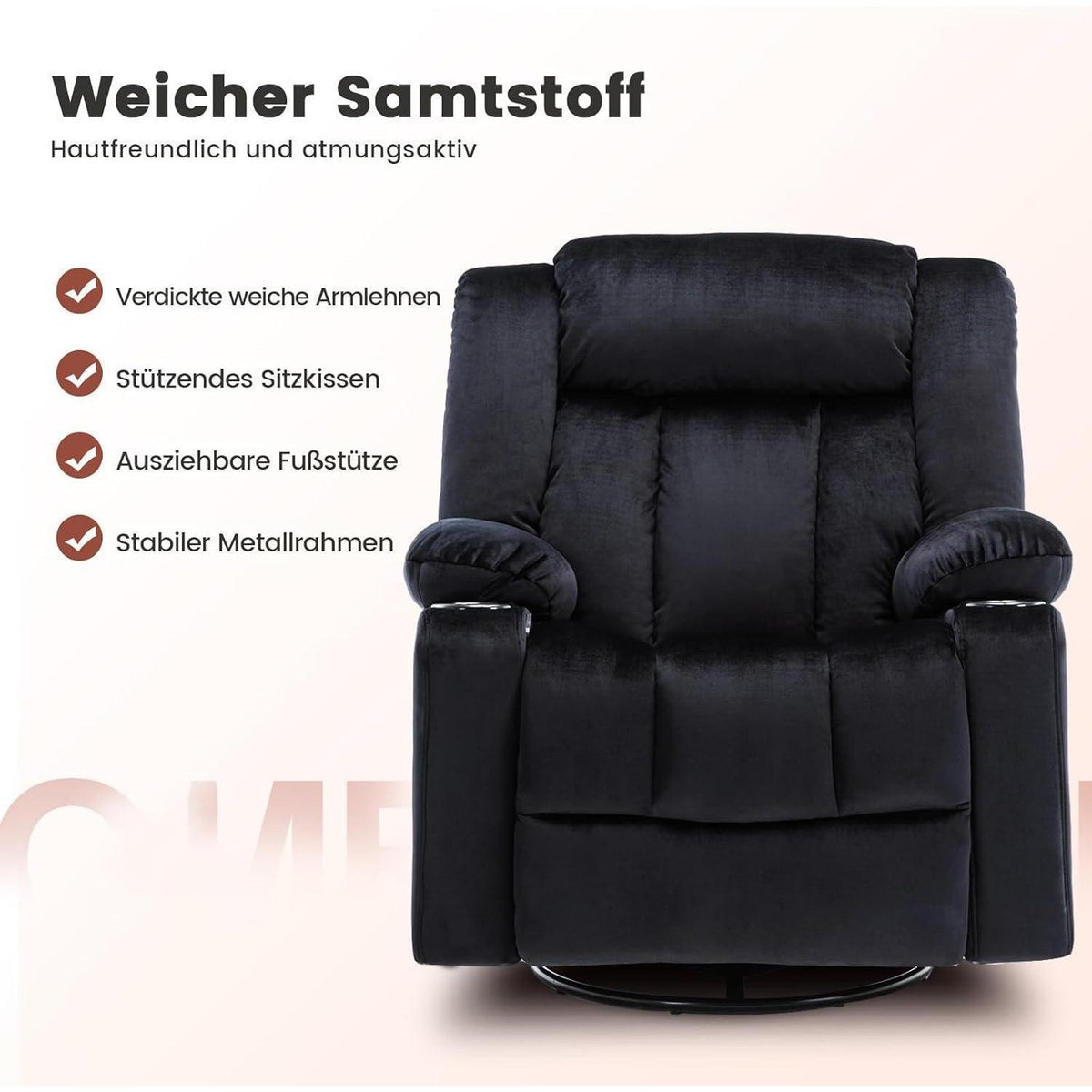Manueller Relaxsessel mit Fußstütze & 360° Drehung – Schwarz