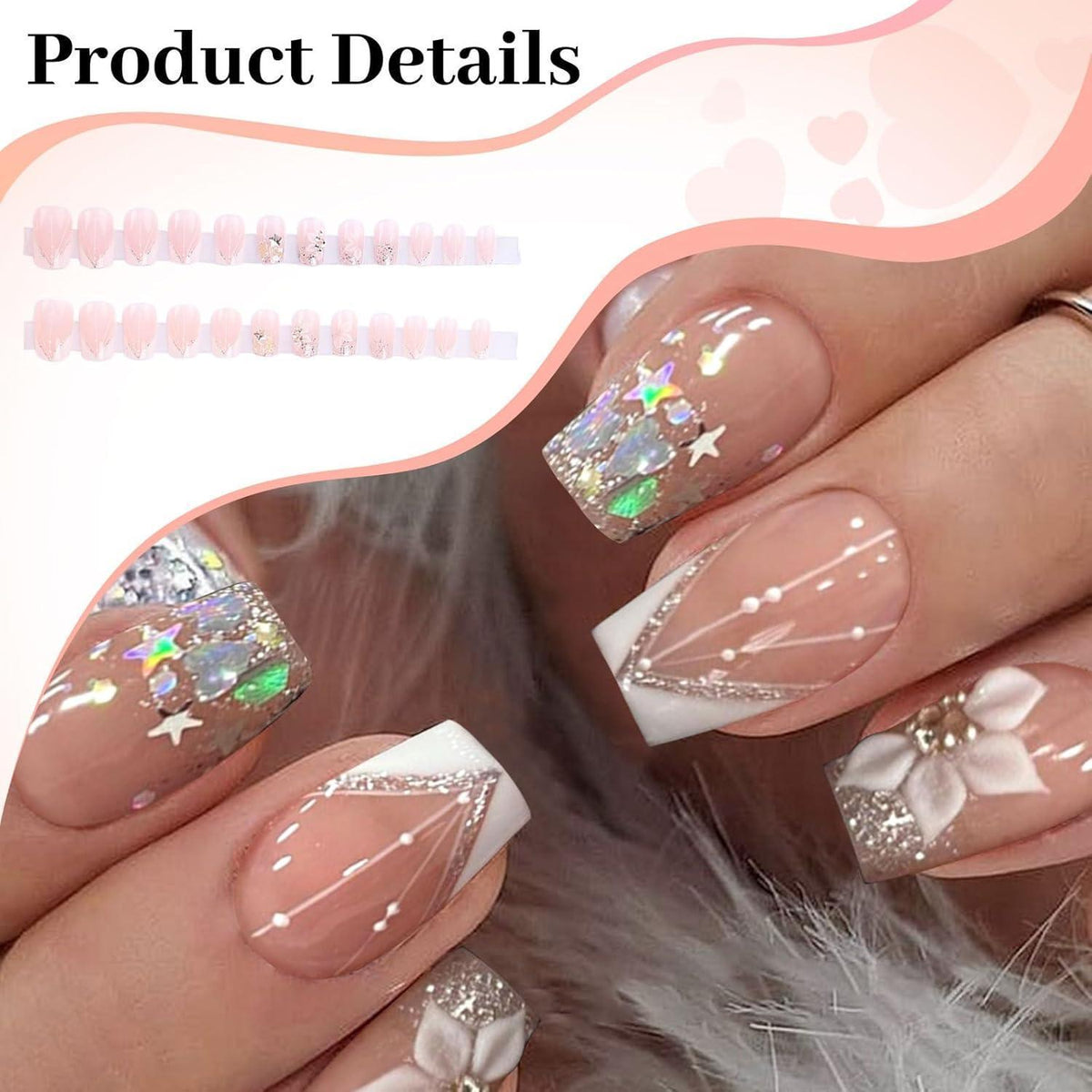 Rosa French Nägel mit Strass & Blumen - 24 Stück