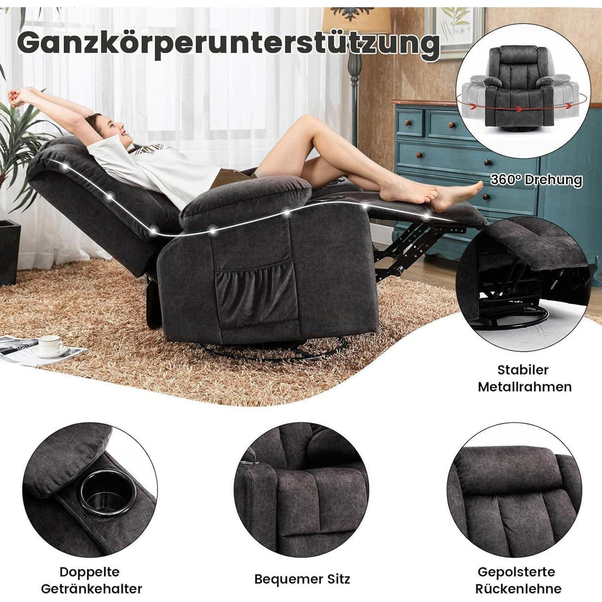 Drehbarer Relaxsessel mit Fußstütze & Getränkehalter – Grau