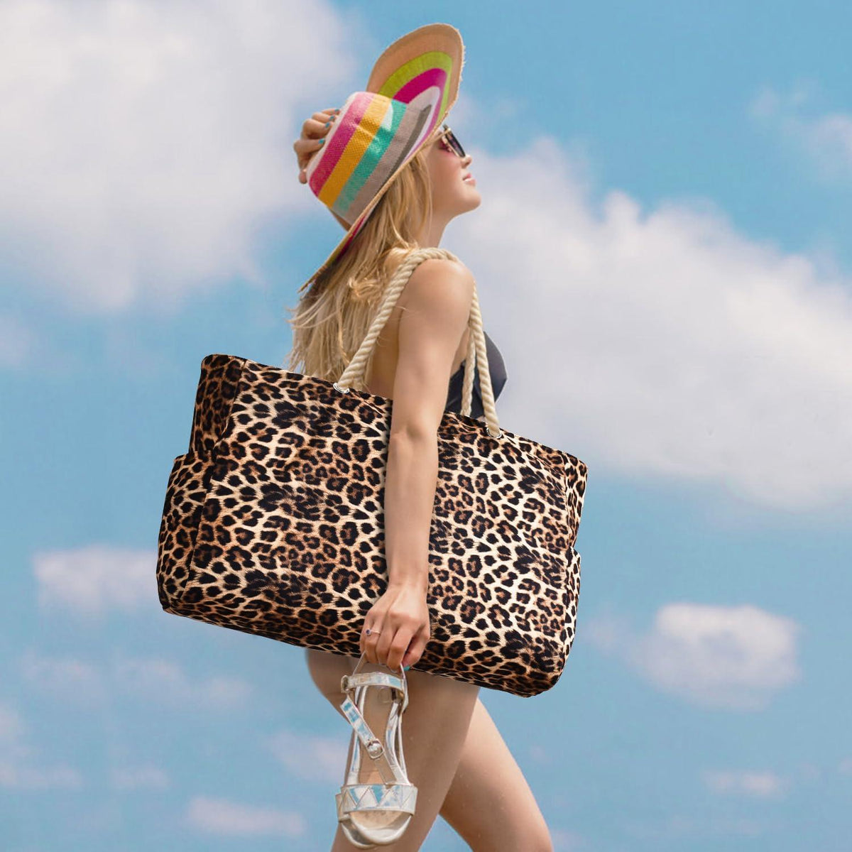 Wasserdichte Strandtasche Damen Groß Streifen Tote Bag Leopard