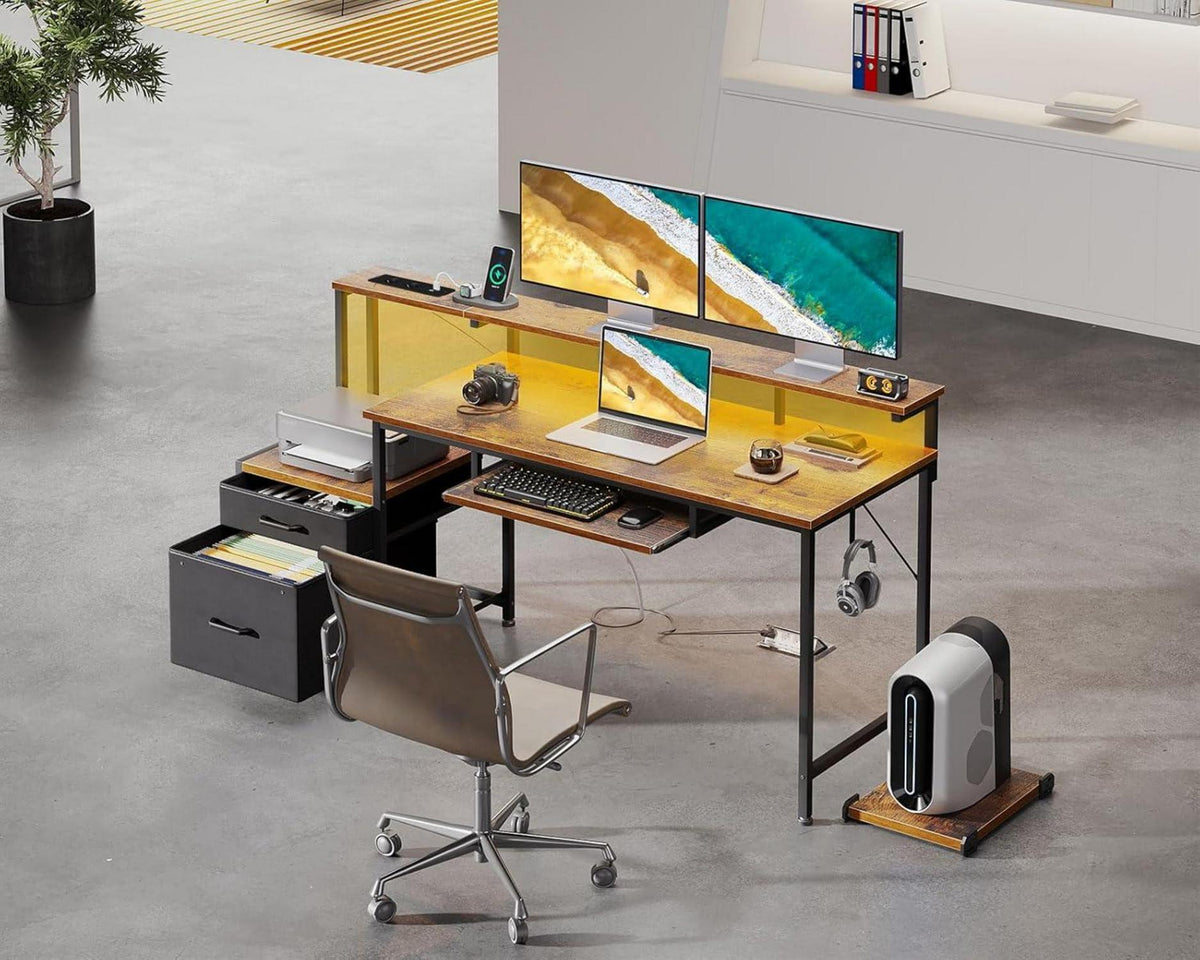 Coleshome Schreibtisch mit Schubladen und USB, 140x48cm, LED-Licht, Braun