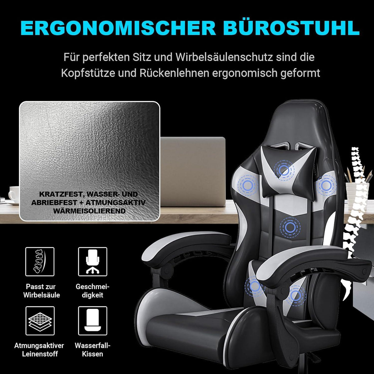 Gaming-Stuhl 180KG mit Kratzschutz & Lendenwirbelstütze