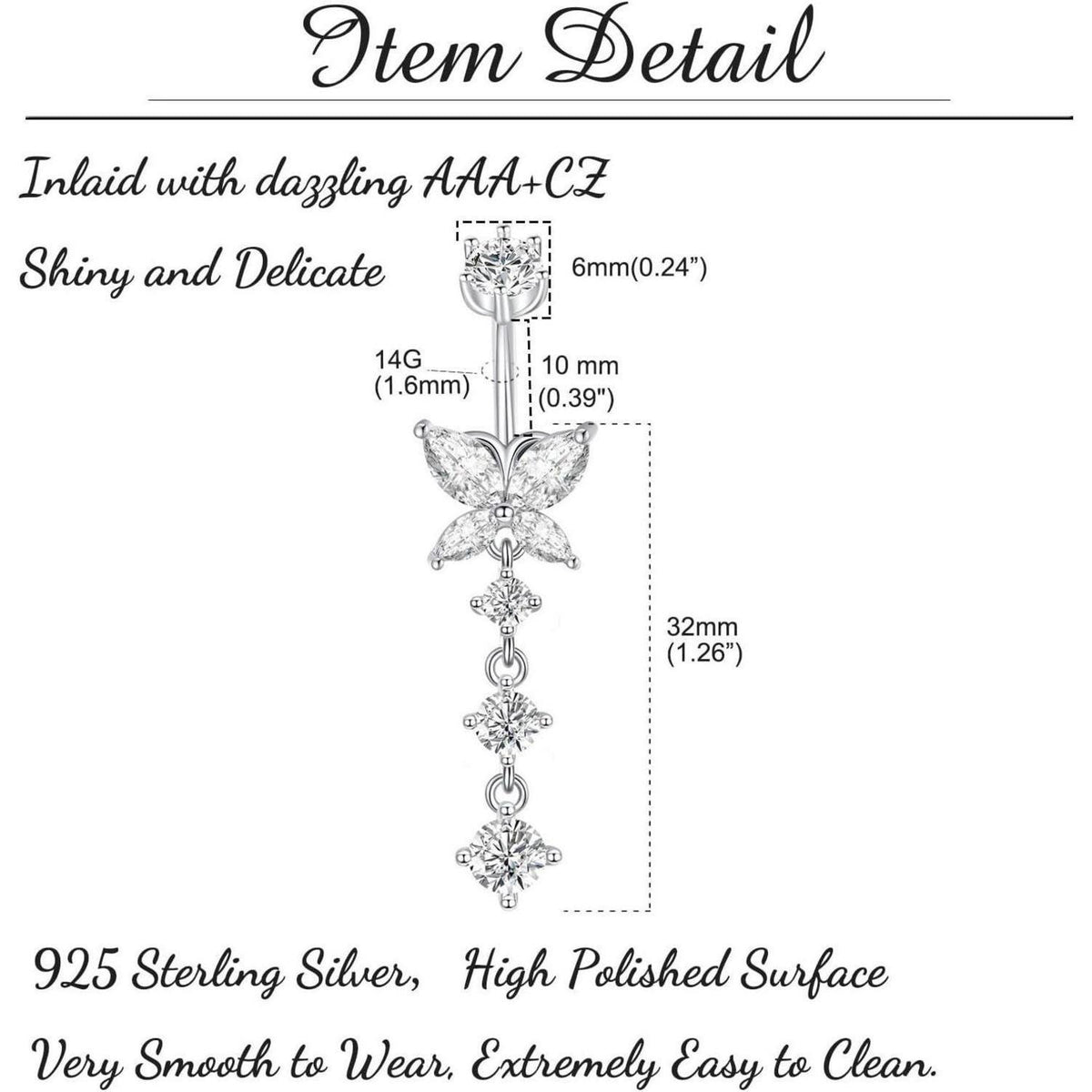 925 Sterling Silber Bauchnabelpiercing 10mm Zirkonia 14G