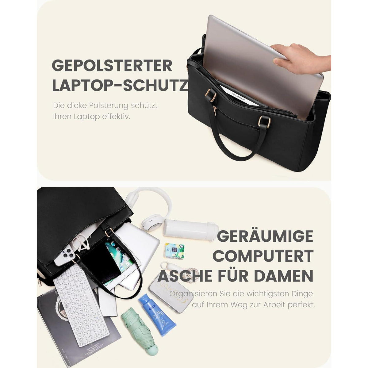Laptoptasche Damen 15,6 Zoll, Elegant & Stabil, Schwarz