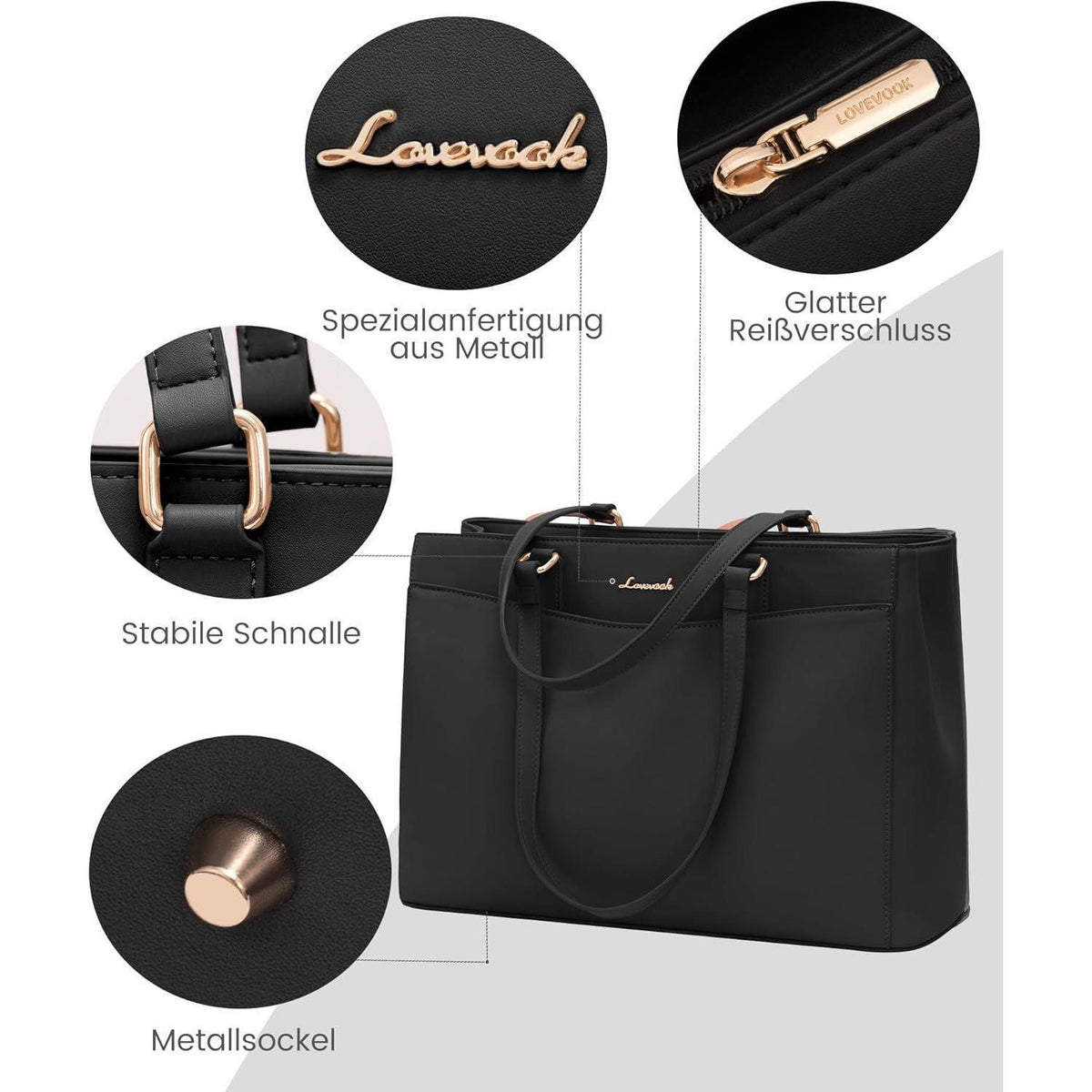 Laptoptasche Damen 15,6 Zoll, Elegant & Stabil, Schwarz