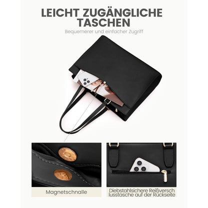 Große Laptoptasche Damen 17 Zoll Schwarz, Elegante Aktentasche für Arbeit & Uni