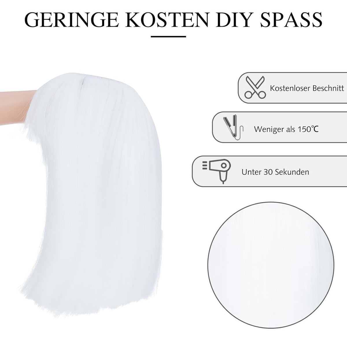 Weißer Bob mit Pony – Synthetische Perücke 30cm für Cosplay & Alltag
