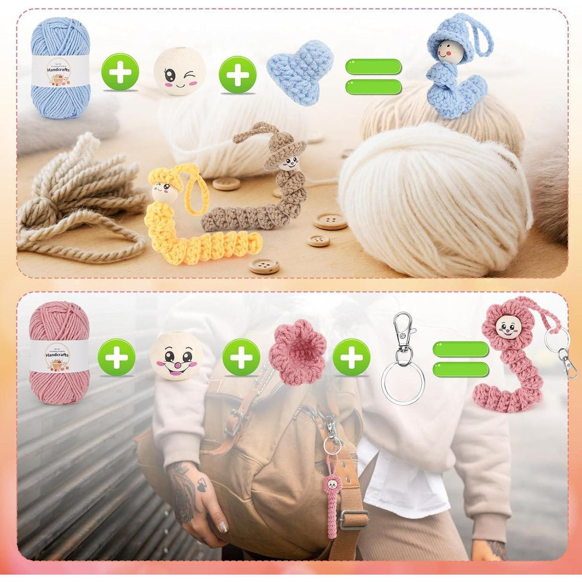 Häkelset Sorgenwürmchen mit Garn, Nadeln & Zubehör