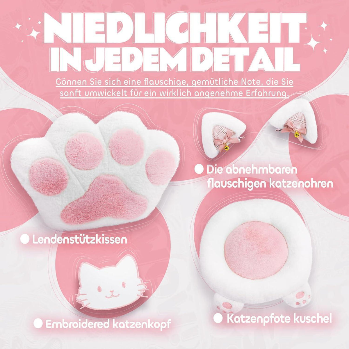 Gaming Stuhl mit Katzenohren und Fußstütze, Rosa Samt