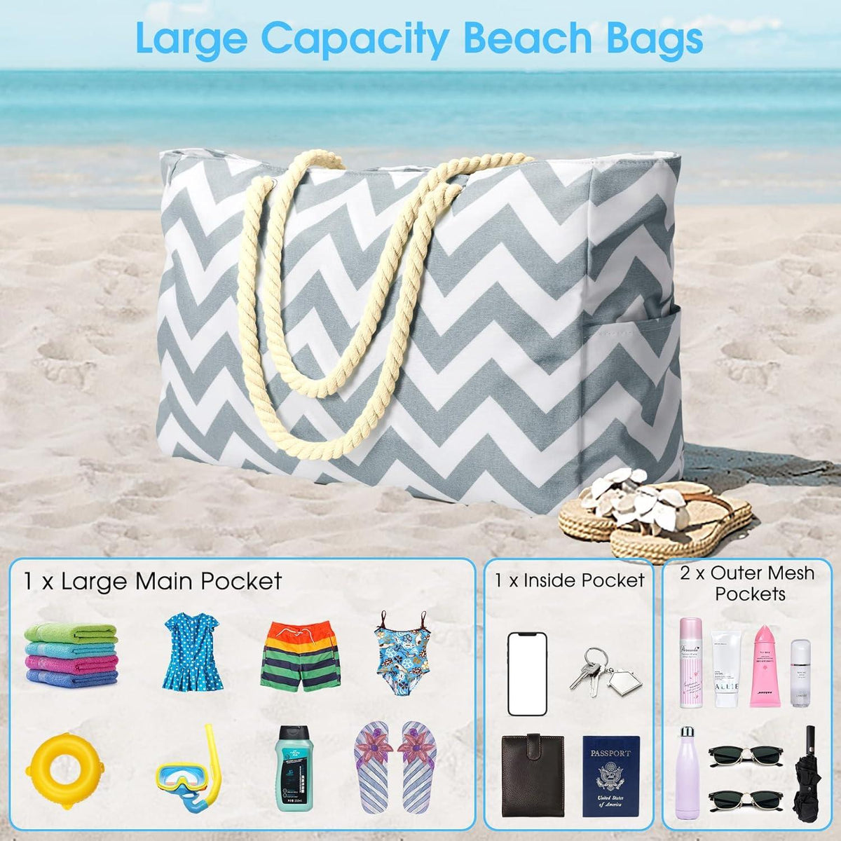 Große Strandtasche Damen Wasserdicht Reisetasche mit Reißverschluss