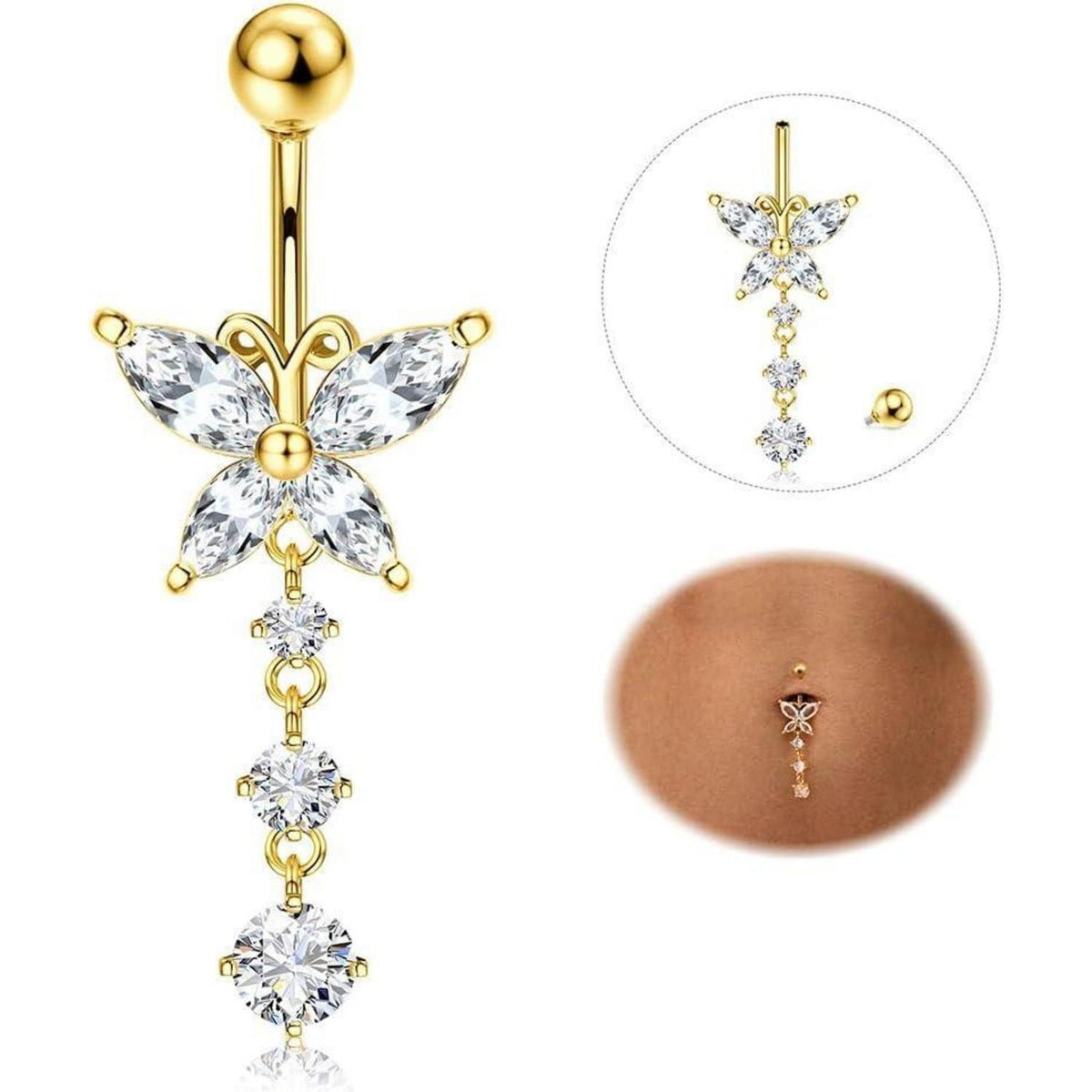 Bauchnabelpiercing Titan Lang mit Zirkonia Schmetterling