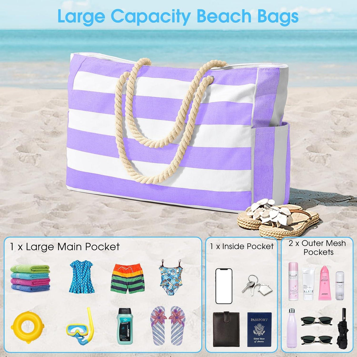 Oscaurt Strandtasche Damen Wasserdicht Tote Bag Groß Faltbar Lila
