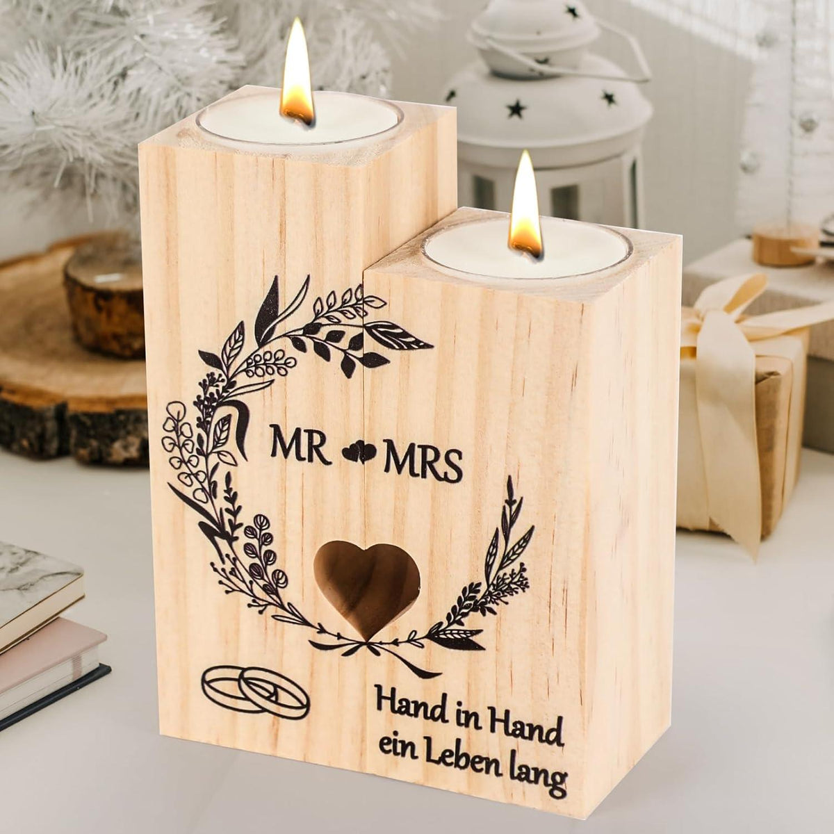 Hochzeitsgeschenk Kerzenständer Holz Mr und Mrs Personalisiert