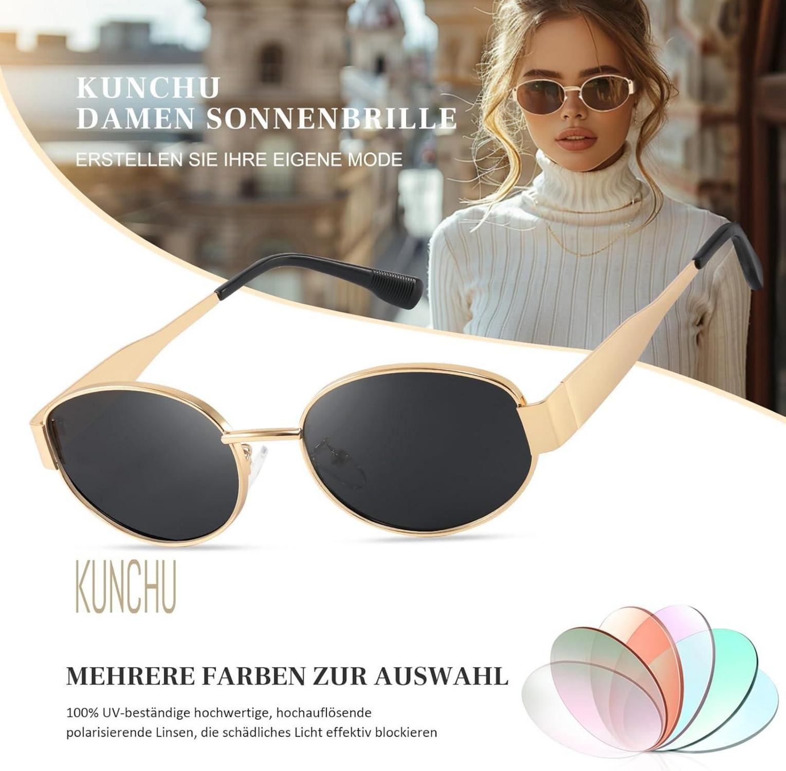 Kunchu Sonnenbrille Damen Polarisiert Retro Oval Uv400 Gold Schutz