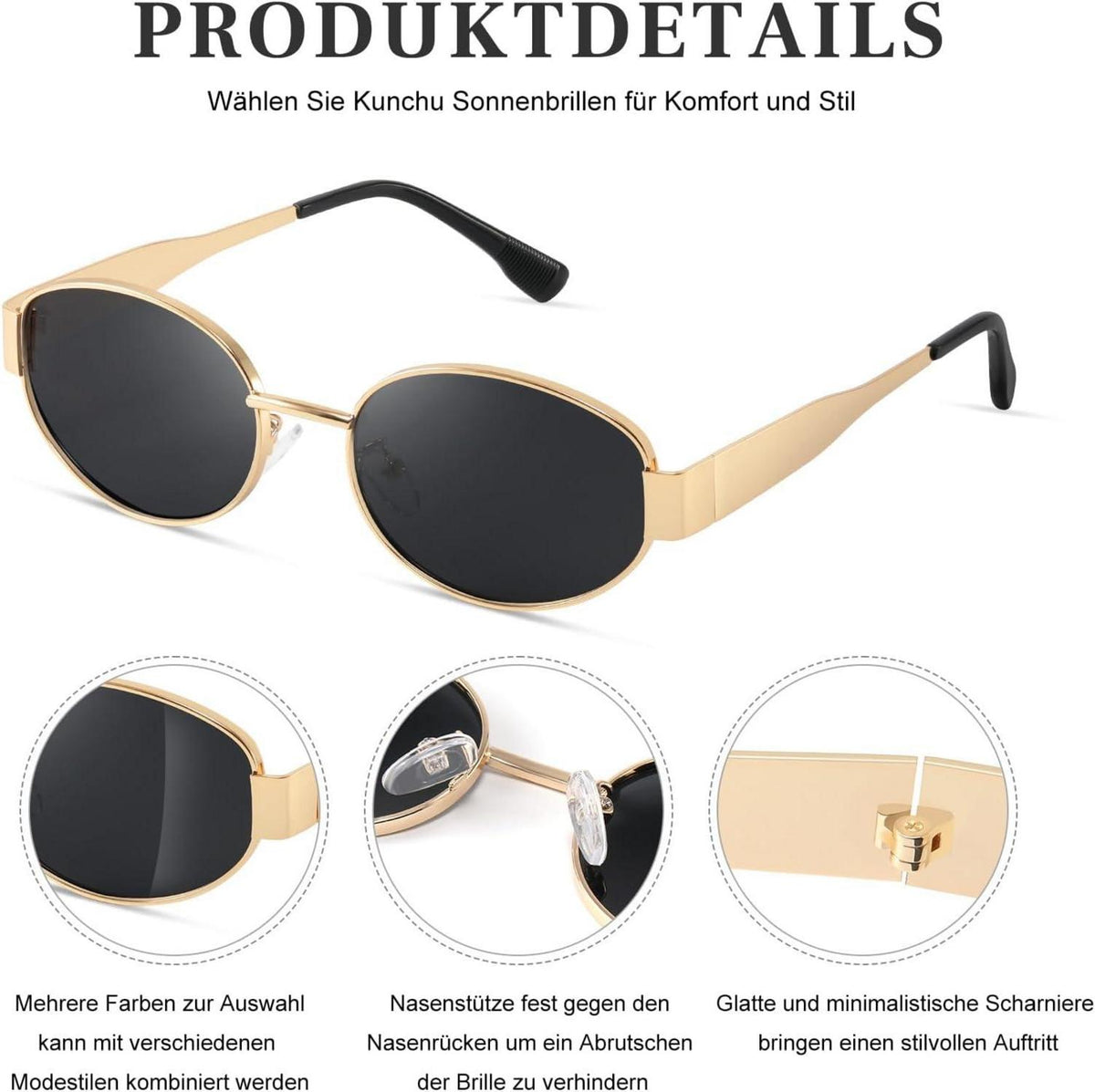 Kunchu Gold Sonnenbrille Polarisiert Oval Vintage Retro UV400 Frauen
