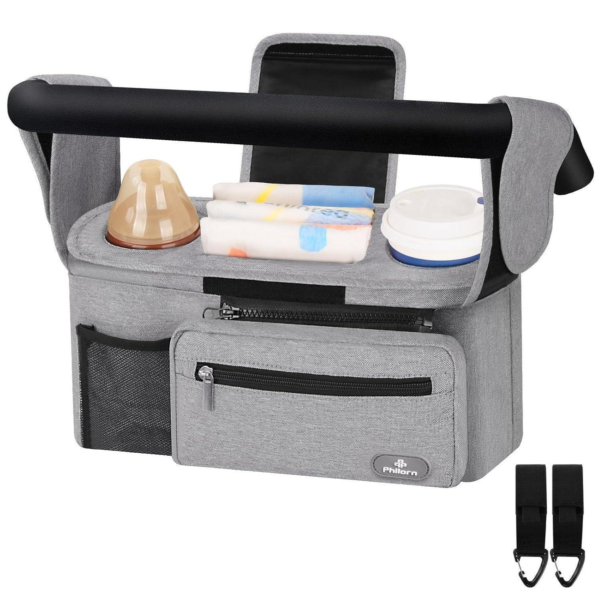 Kinderwagen Organizer mit 2 isolierten Getränkehaltern, Grau