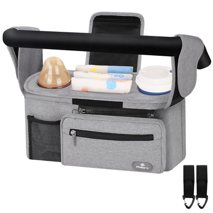 Kinderwagen Organizer mit 2 isolierten Getränkehaltern, Grau
