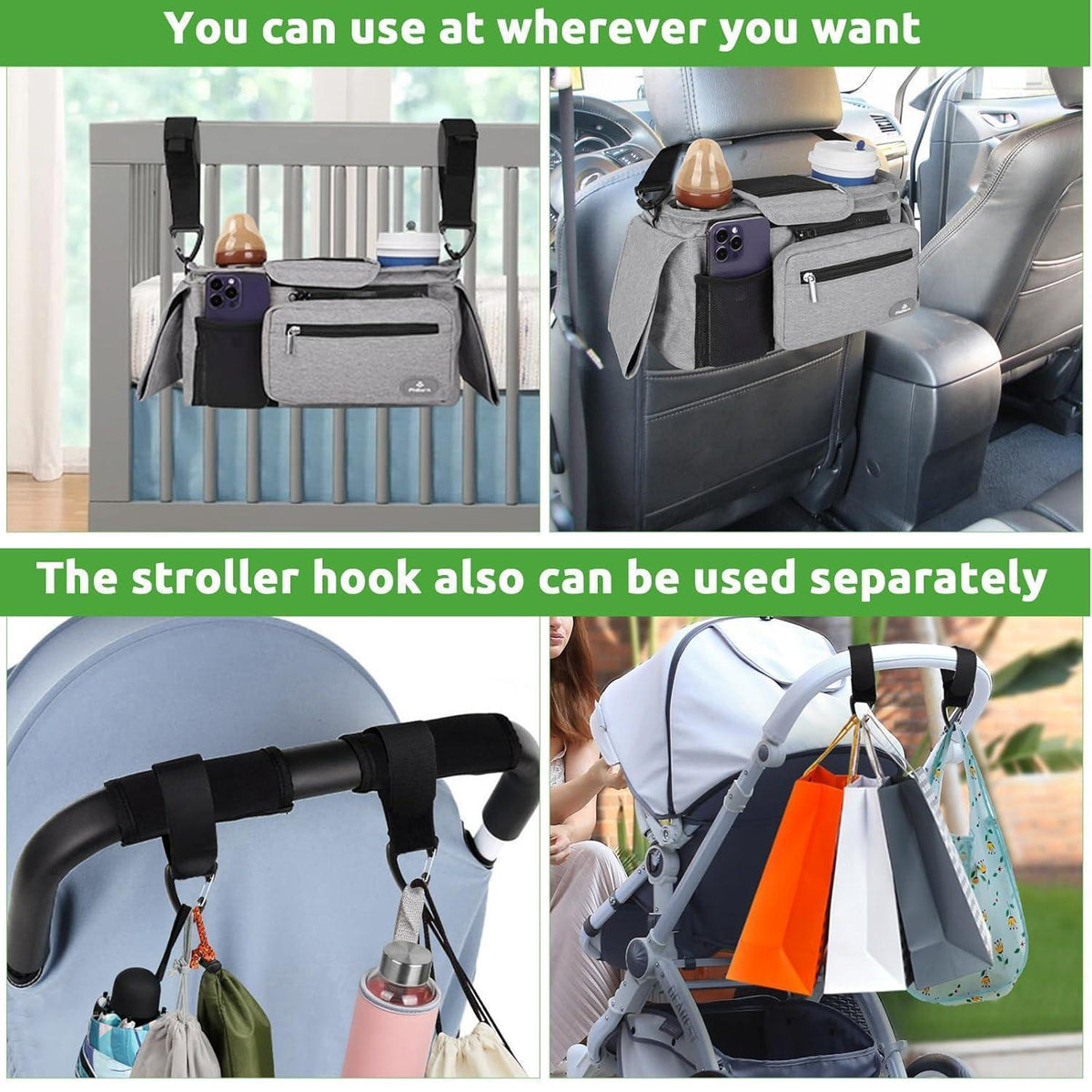 Kinderwagen Organizer mit 2 isolierten Getränkehaltern, Grau